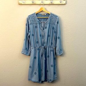 Holding Horses Chambray dress with Peacock Feather Embroidery.